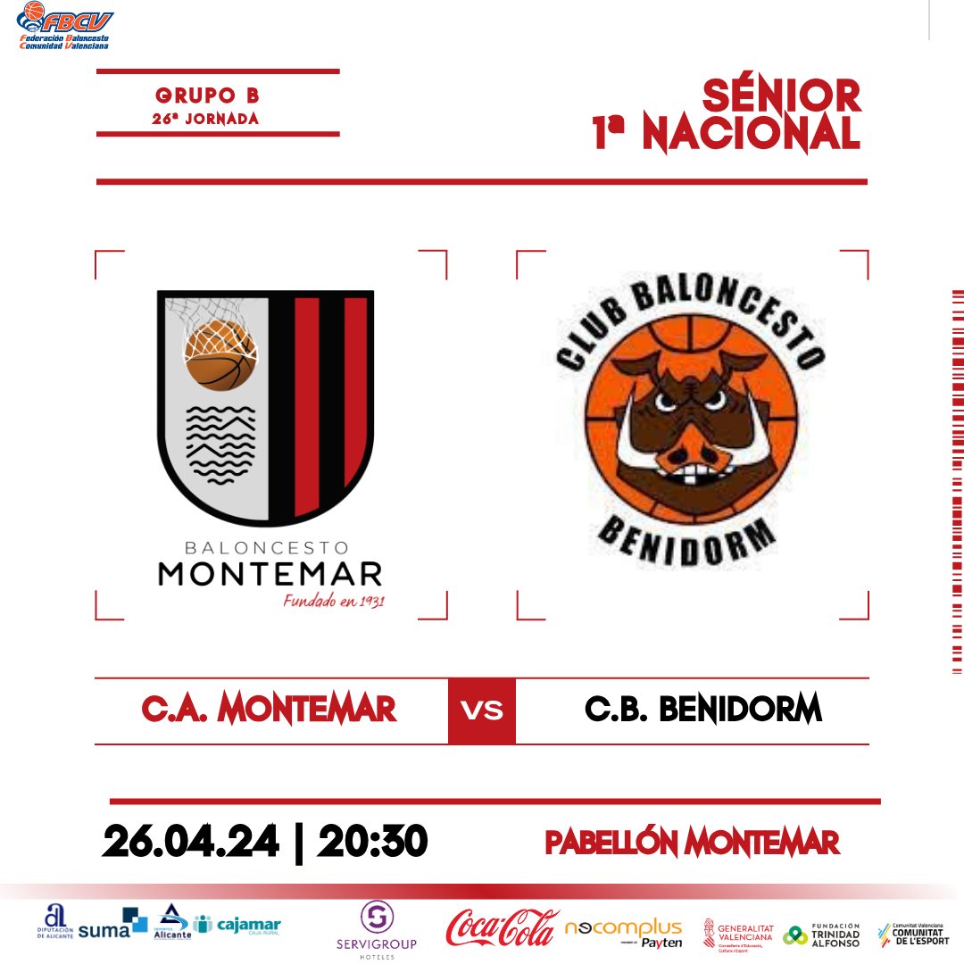 🏀PARTIDO SÉNIOR 1ª NACIONAL 🏀 🏆Sénior 1ª Nacional 2️⃣4️⃣ª Jornada Grupo B 🗓️ Viernes, 26 🕗 20:30 ⛹️ Pabellón Montemar @basquetmontemar 🆚 @cbbenidorm @basketalicantino @fbcv_es #SomosMontemar#SomosEquipo #FBVC