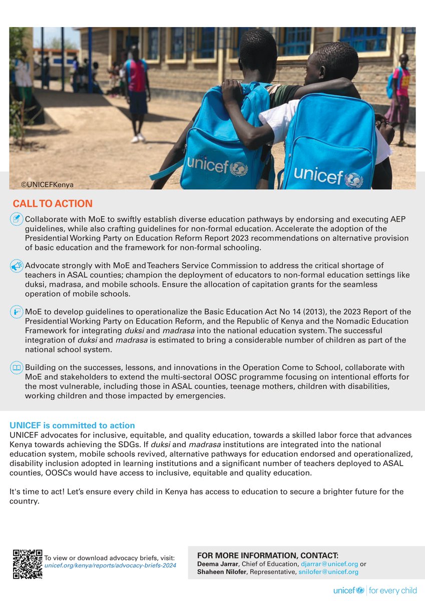 Congratulations to @UNICEFKenya for the launch of advocacy priorities among them being #calltoaction Addressing equitable access to education for out-of-school children. @ShaheenSnilofer @EvaUNICEF @UNICEF @UNICEFAfrica 
unicef.org/kenya/reports/…