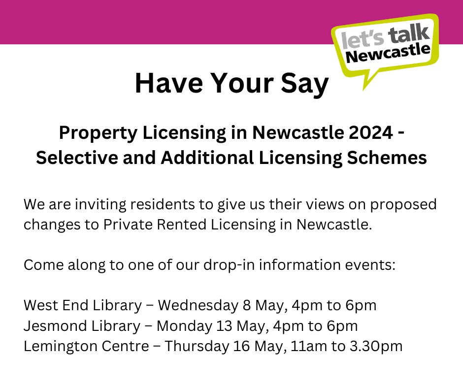 🏡 Are you a tenant in the private rented sector? We want your views on proposals to introduce new selective and additional licensing schemes. They play an important role in ensuring residents have good, quality housing. Come along to one of our drop-in information events 👇