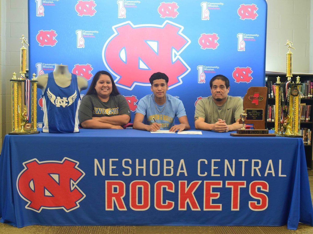 Congratulations to Neshoba Central High School Rocket Kameron McMillan (Mississippi Choctaw) who signed his intent to continue his academic and running career at Johnson and Wales University-Charlotte, in Charlotte, North Carolina. #NativePreps #MBCI