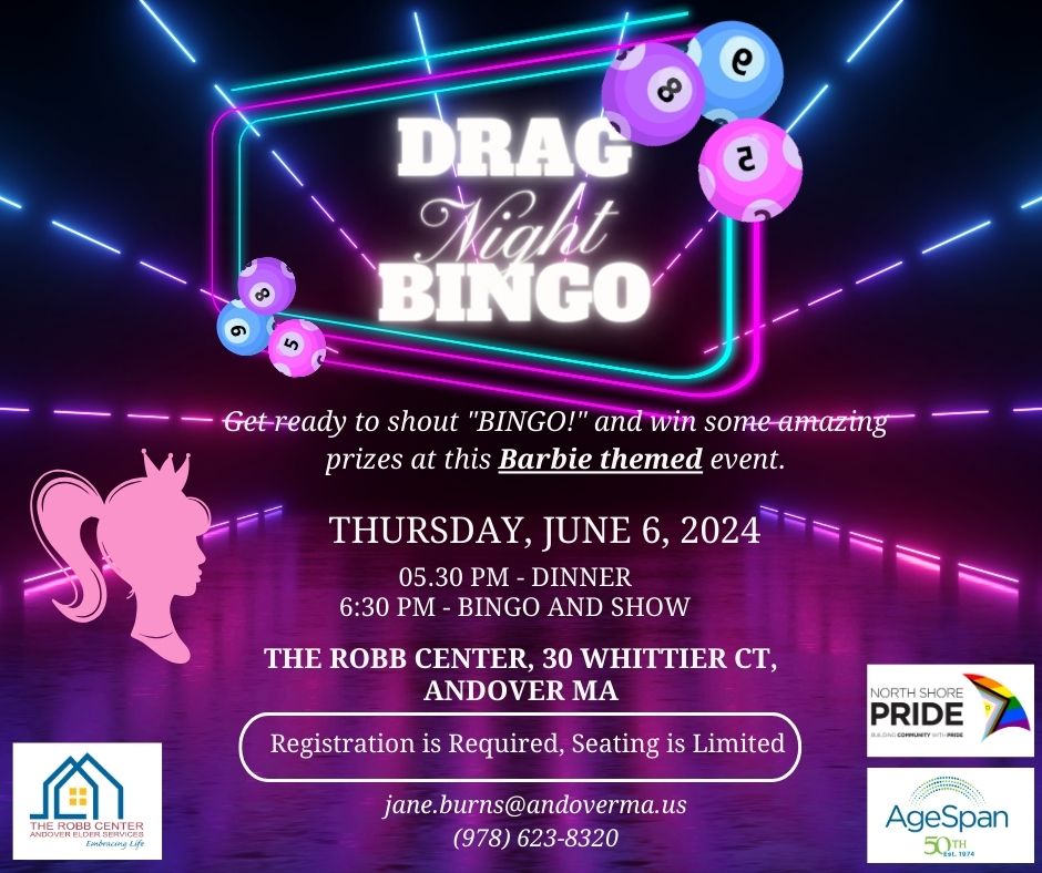 Come for the food, stay for the show, and play a little bingo in between! The Robb Center will have it all on June 6, but space is limited for this free event, so secure your spot today by emailing jane.burns@andoverma.us or calling 978-623-8320. #LGBTQPride #Pride2024