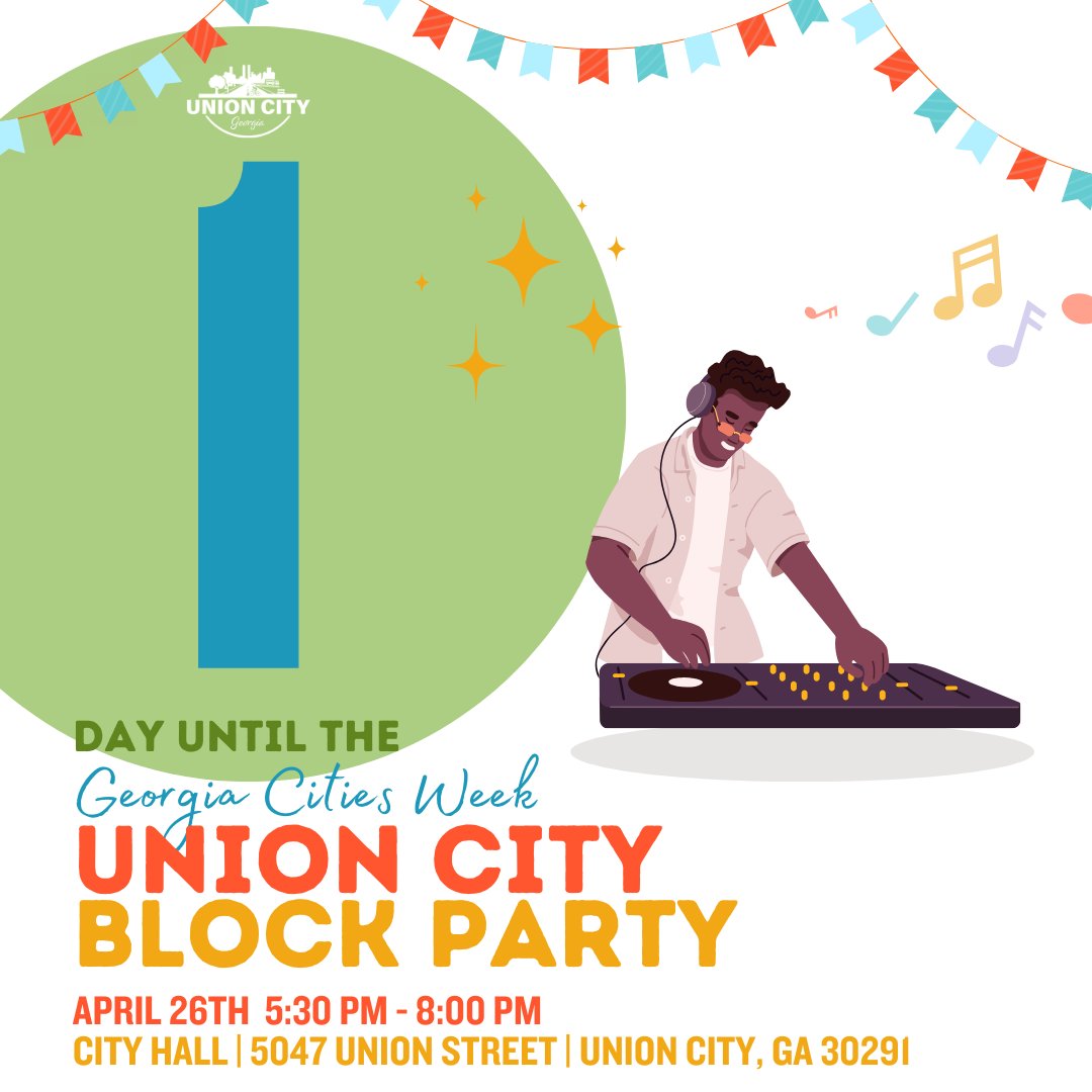 Tomorrow is the BIG DAY – our Block Party kicks off at 5:30 pm! Don't miss out on an evening of food, fun activities, music, and more at City Hall. Invite your friends and family, and let's make memories together! See you there! #FinalCountdown #UnionCityBlockParty
