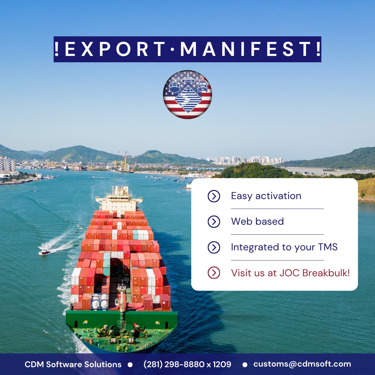 Day 2 of JOC #Breakbulk24! Come chat with us about expediting your #export manifests.

#seafreight #freightforwarding #logistics #freight #cargo