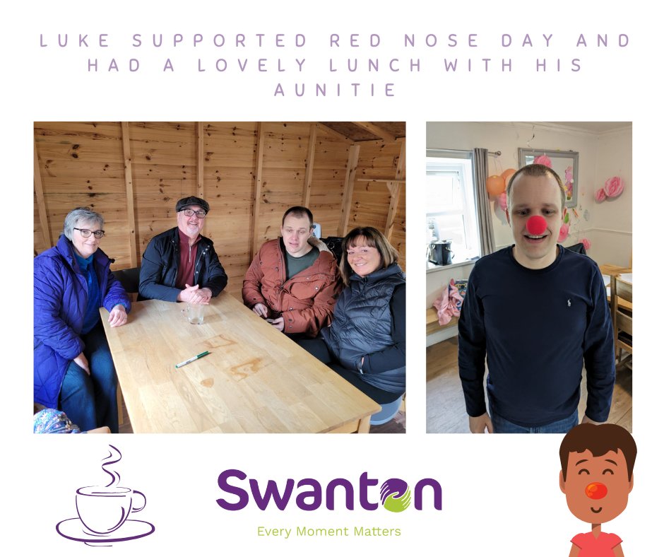Today, we're celebrating Luke, supported at Glangarnant! 🎉 

Here he is enjoying #RedNoseDay and sharing a heart-warming catch-up with his parents and Auntie Jude, whom he hadn't seen since before Covid!! 💖 😍

#SwantonEthos #Learningdisability