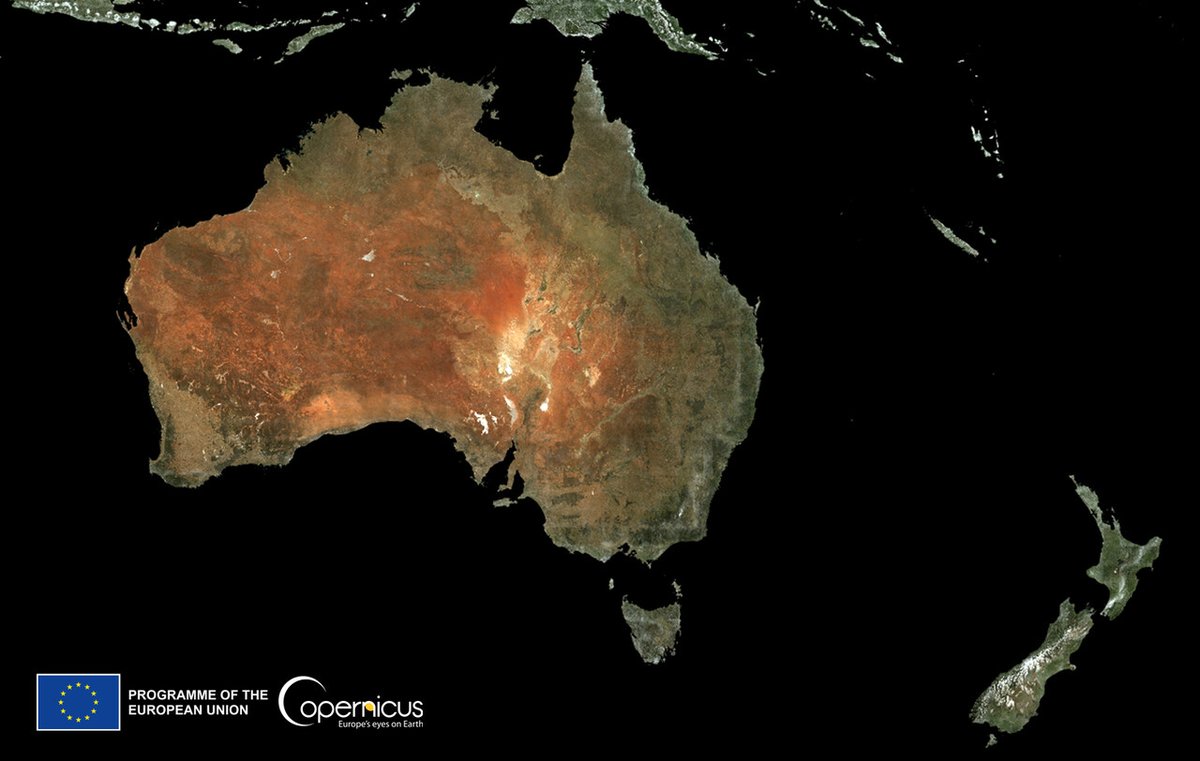 Today is #ANZACDay Greetings to our friends, colleagues, and followers in #Australia 🇦🇺 and #NewZealand 🇳🇿 ⬇️ Cloud free mosaic obtained by combining multiple #Copernicus #Sentinel2 🇪🇺📷 images acquired between 1 January 2022 and 15 April 2023