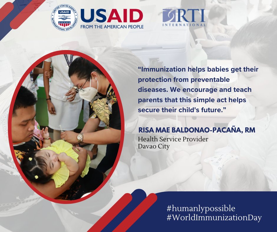 #WorldImmunizationWeek Risa Mae is a health service provider in #DavaoCity who champions vax to protect children from preventable diseases. @USAID has worked with LGUs to prevent community outbreaks and provide primary care information and services, including family planning.