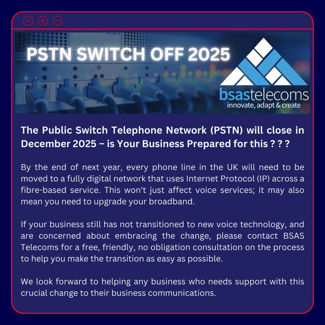 Call BSAS Telecoms Ltd today to speak to our support team and seamlessly transition your services to a future-proof platform 0800 298 7173 or raise a ticket, and our team will get back to you. ow.ly/MuFN50RmX3c

#pstnswitchoff #unifiedcommunications #voip #cloudtelephony