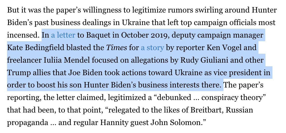 According to Politico, bad blood between NYT and Biden go back to Ken Vogel sniffing dick pics on behalf of whoever it is he is a mouthpiece for. I'd say Biden has a point -- though unclear why NYT is treated any worse than WaPo, whose journos have seeded two devastating (still…