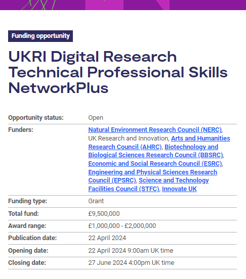 Funding available for a Digital Research Technical Professional (RTP) Skills NetworkPlus, which will bring disciplines, sectors, and domains together to address cross-cutting challenges in digital RTP skills and careers.

Closes 27 June 2024: orlo.uk/Rt9I2