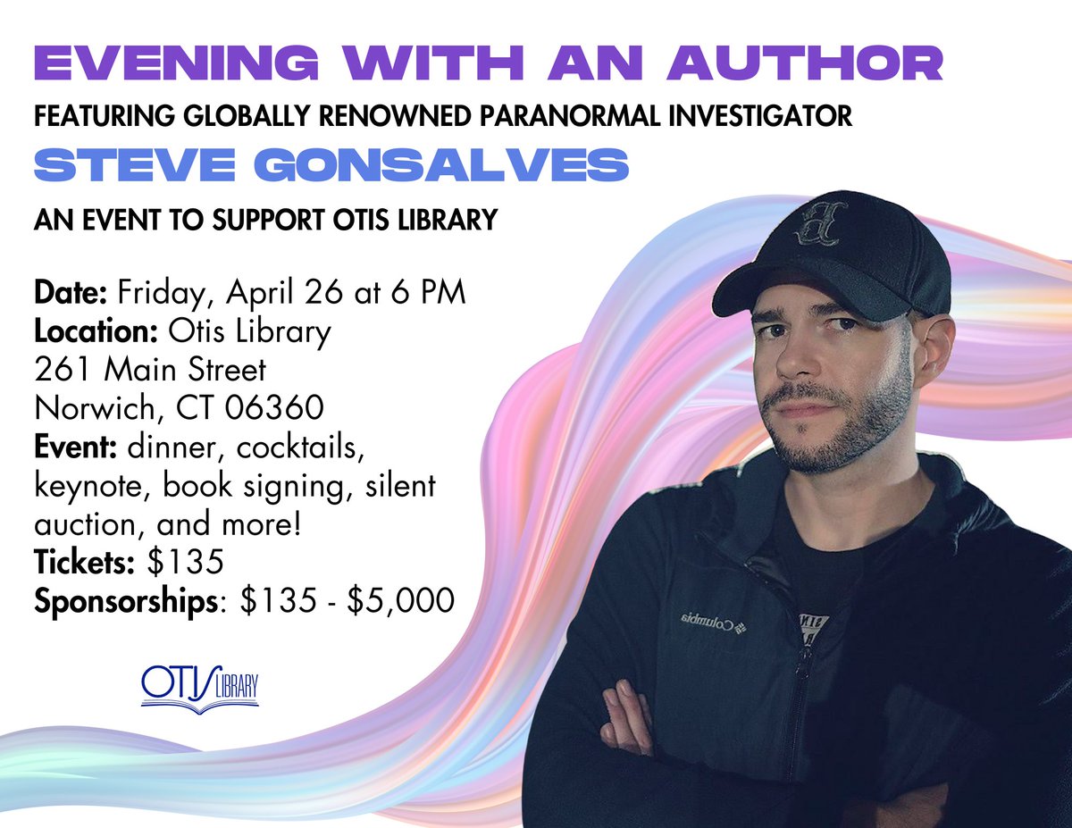The Otis Library is celebrating 20 years of Evening with an Author on Friday, April 26. Join in the fun for good food, friendship, and an engaging keynote presentation by author, Steve Gonsalves! Visit otislibrarynorwich.org for more information.
