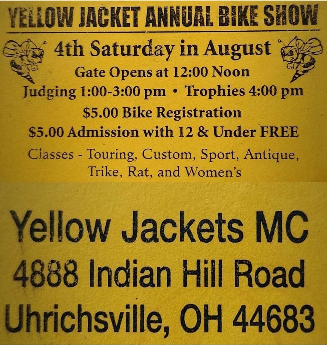 Yellow Jacket Annual Bike Show 4th Saturday in August in Uhrichsville, OH
#bikeshow #motorcycleshow #biker #motorcycle #motorcyclelifestyle #motorcyclist #motolife #bikerbabe #bikerlife #harleydavidson #indianmotorcycle #ohio