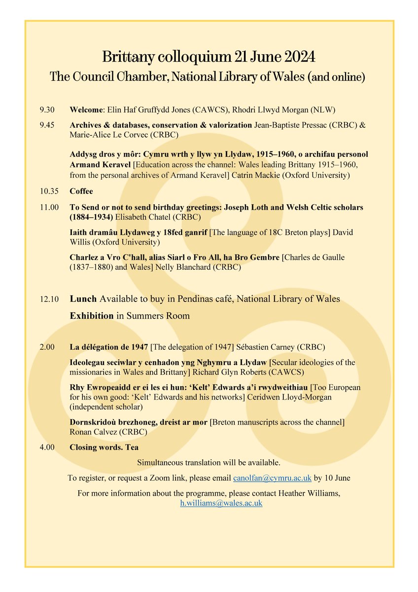 🔖For the diary – Brittany Colloquium 🗓️21/06/24 🗣️Presentations by researchers from Wales and Brittany. 📍Council Chamber @NLWales & online @HeatherHMW @CRBCBrest