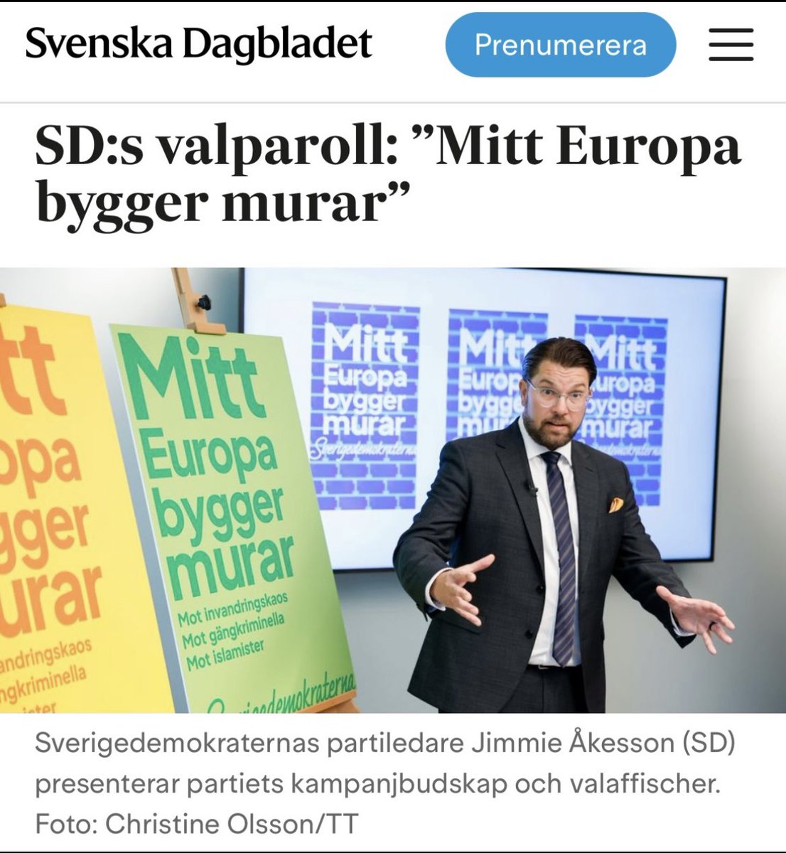 Mitt Europa bygger murar … ⛔️ mot massinvandring! ⛔️ mot islamister! ⛔️ mot gängkriminella! ⛔️ mot organiserad brottslighet! Rösta på Sverigedemokraterna i EU-valet den 9 juni!