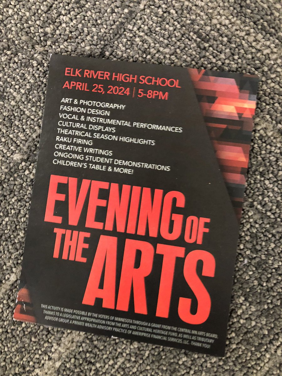 Join us this evening (5-8pm) free event and see students’ artistic talents & achievements! Must see! U will be impressed!#Itsgood2beanelk @ISD728 @bittmand @karirock4 @erhs_theatre