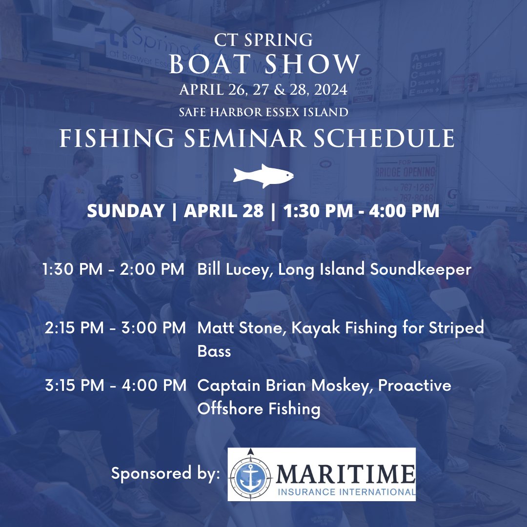 CSpringBoatShow's tweet image. Don't miss our Fishing Seminars this Sunday, April 28 during #boatshow weekend — sponsored by Maritime Insurance International Inc 🐟 Visit ow.ly/kAz050R5fVv for $20 advance tickets — good for admission all weekend long! #ctboating #ctvisit #ctevents #sailsup4cancer