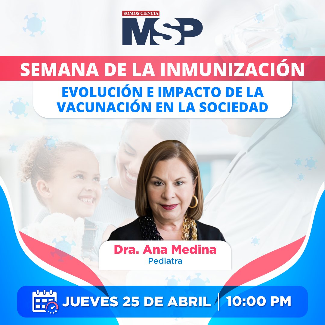 #SemanaDeLaInmunización 💉¿Cuál ha sido el impacto de las #vacunas en la salud de la población #pediátrica? Esta noche tendremos a la Dra. Ana Medina para darnos todos los detalles del proceso histórico de #inmunización #infantil. 

¡No te lo puedes perder!

#MSP #SomosCiencia