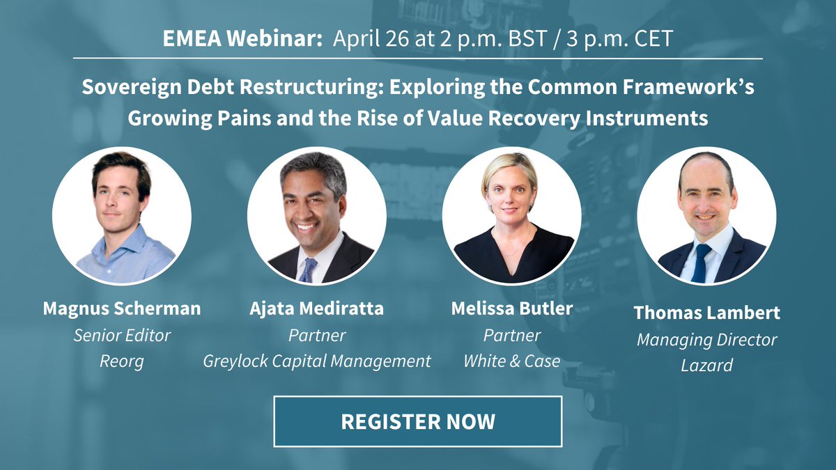 🚨Last Chance to Register - ow.ly/7bgE50RnPet 📅 Join Reorg on Friday, April 26, at 2 p.m. BST / 3 p.m. CET as we delve into key takeaways from Zambia’s Common Framework debt restructuring and explore the rise of value recovery instruments. 💼