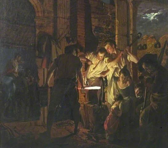Colour painting of a blacksmiths workshop, set inside an old ruined building made of columns and arches. Three blacksmiths wearing loose white shirts and aprons stand around a forge in varying poses of industry. One holds the white-hot metal creation out for shaping which one of the other figures is about to do with a huge hammer blow. The last figure is watching progress and seems to be offering advice on where to hit and or when to stop. A number of spectators sit around and watch.