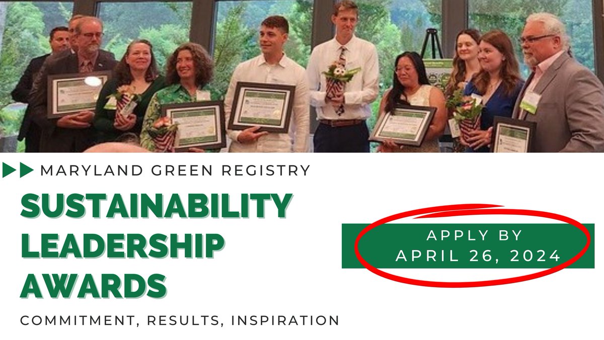 There are just a few days left until the due date! There's still time to submit for this year's Sustainability Leadership Awards. Applications are due April 26, 2024 by 6:00 p.m. buff.ly/2FTNOgE #MDGreenRegistry #Sustainability #Leadership
