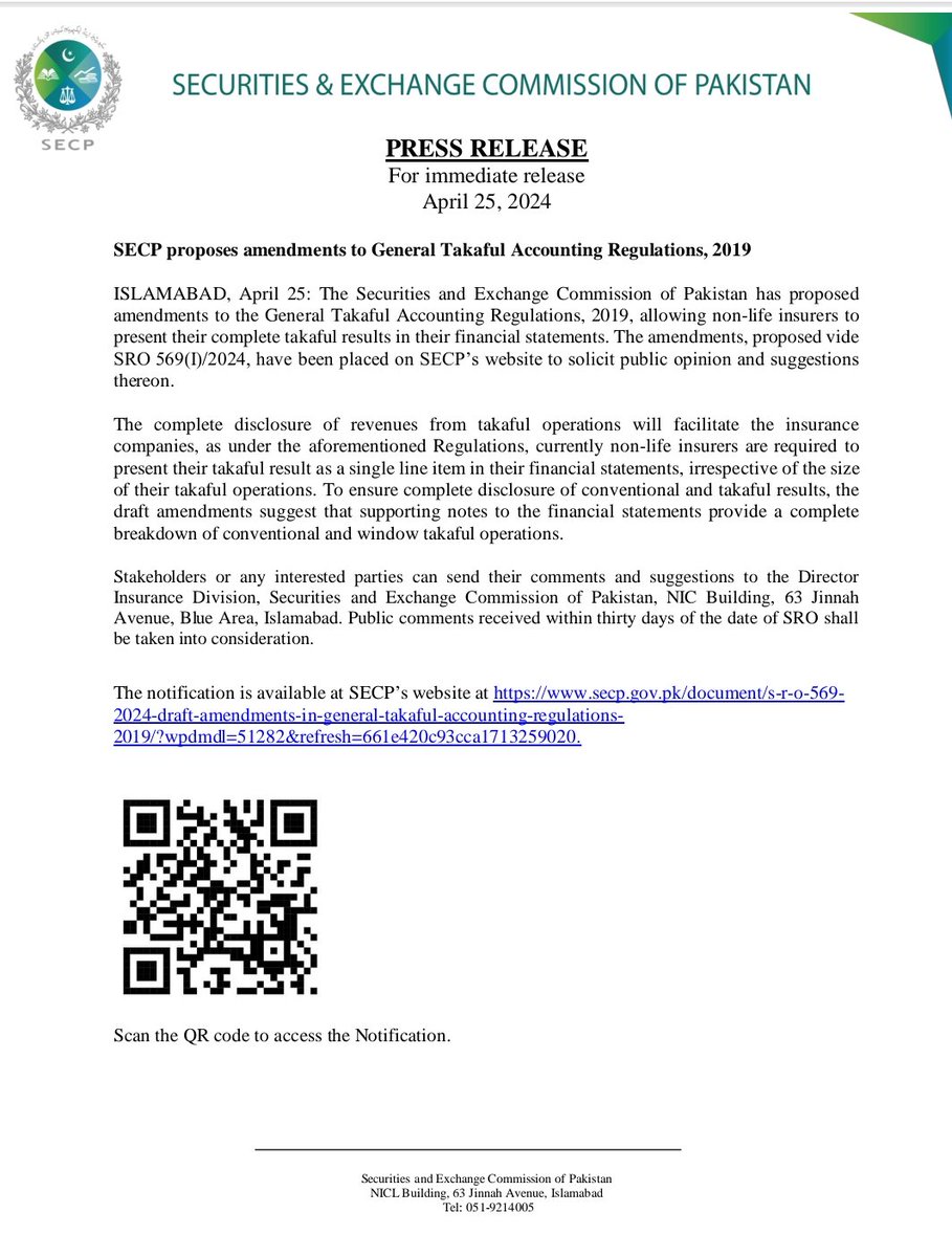 SECP has proposed amendments to General Takaful Accounting Regulations, 2019, allowing non-life insurers to present their complete takaful results in their financial statements. Proposed amendments placed on SECP's website to solicit public opinion at secp.gov.pk/document/s-r-o….