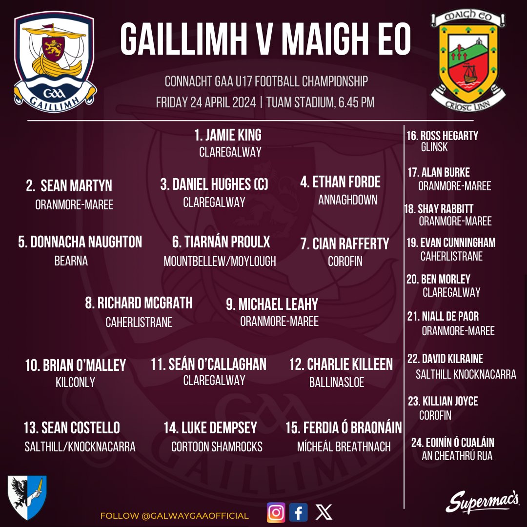 🚨TEAM NEWS 🚨 Connacht MFC Round 3 Galway v Mayo 📍Tuam Stadium 📆Friday 26 April 2024 🕑6.45PM Match Tickets🎟️ universe.com/events/electri… 📺Streaming page.inplayer.com/connachtgaa/it… Best of Luck to Neil McHugh, team management & our Minor football squad! #riseofthetribes #gaillimhabú