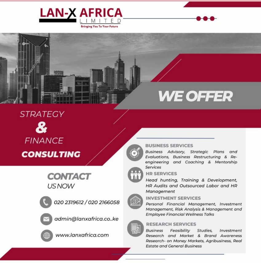 Reach to us Now and transform your business landscape with Lan X Africa's innovative suite of services!! 
From bespoke business strategies tailored to your unique needs to unparalleled finance consulting, we're here to empower your success journey. 

#BusinessConsulting #Finance