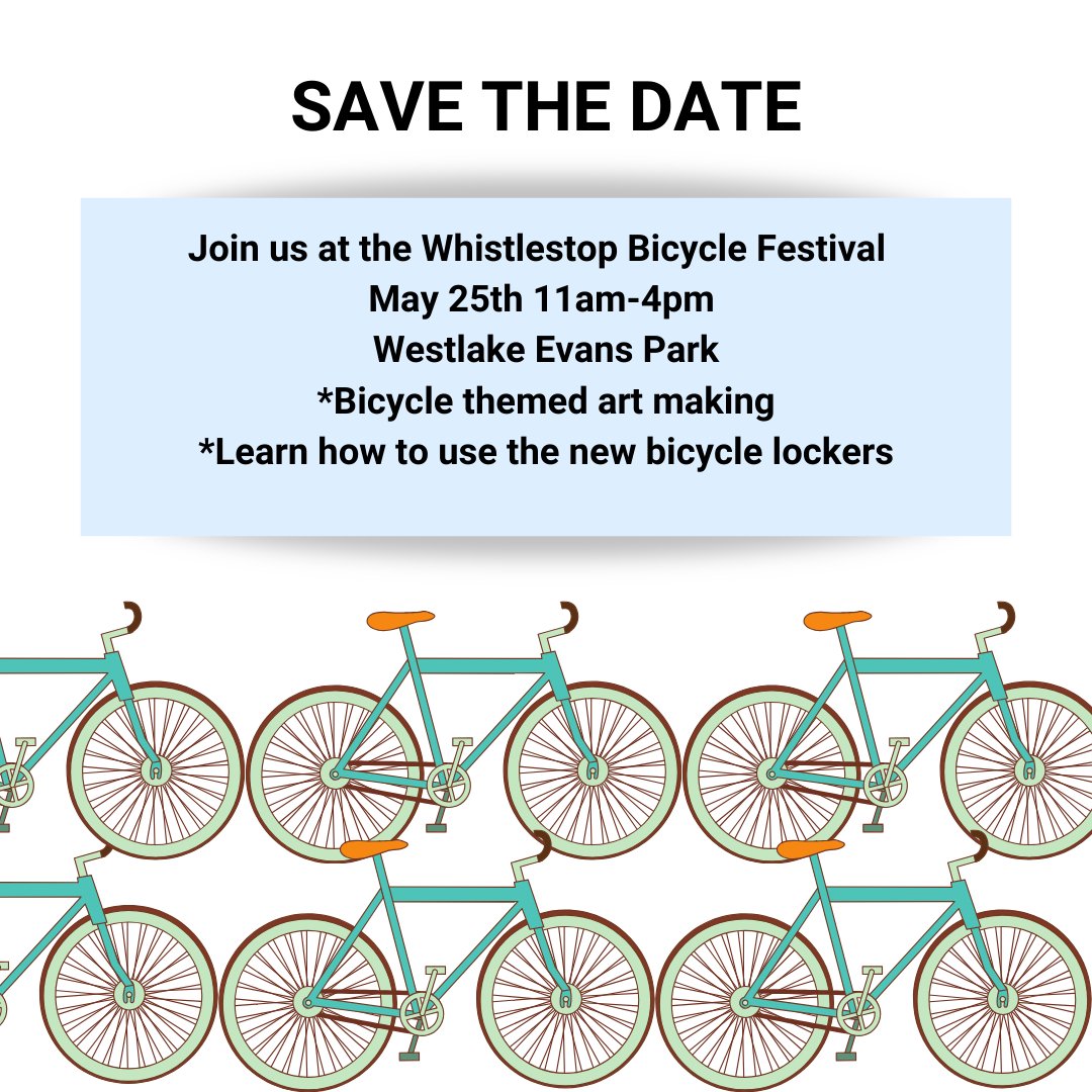 One month away until the Whistlestop Bicycle Festival! On that day you can join in with free bicycle themed art making and we will teach you how to use the new bike lockers installed thanks to the STEAM Community Studio project inspired by local students.