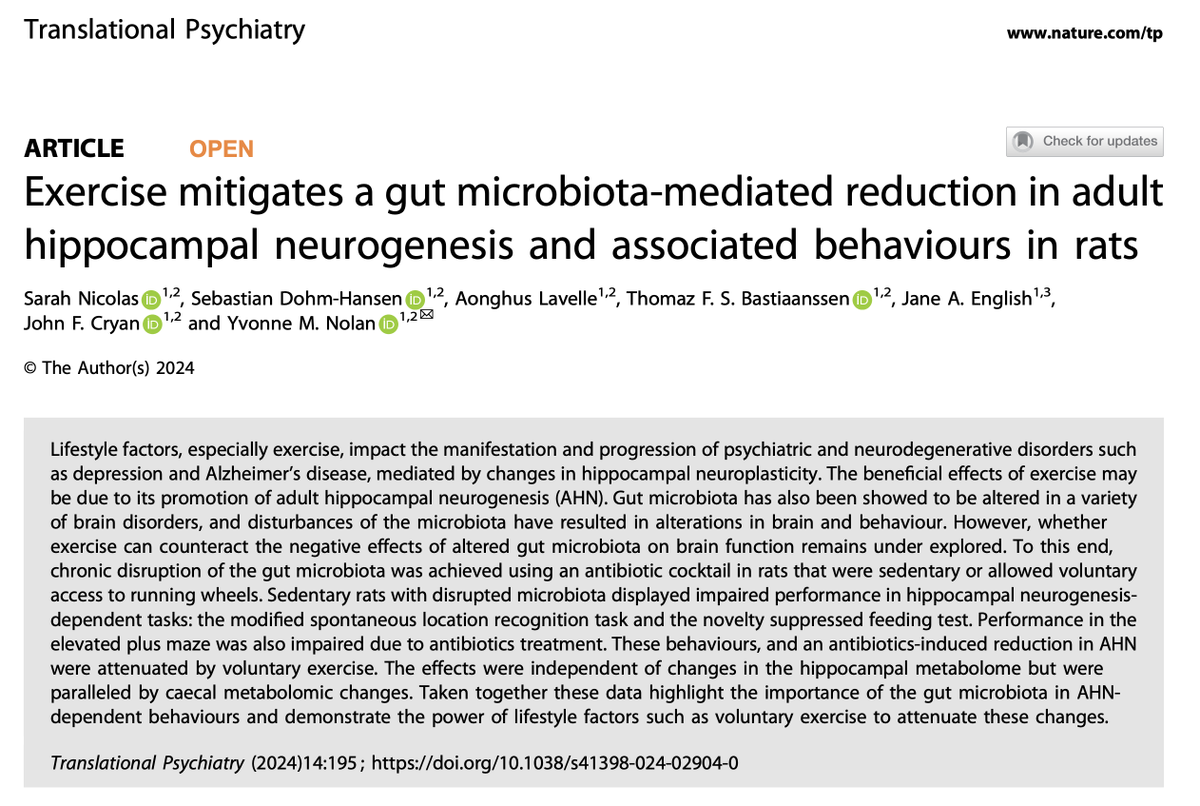 Exercise mitigates a gut microbiota-mediated reduction in adult hippocampal neurogenesis and associated behaviours in rats Great to see this out - Congrats @_Sarah_Nicolas @yvonnemnolan and all nature.com/articles/s4139…