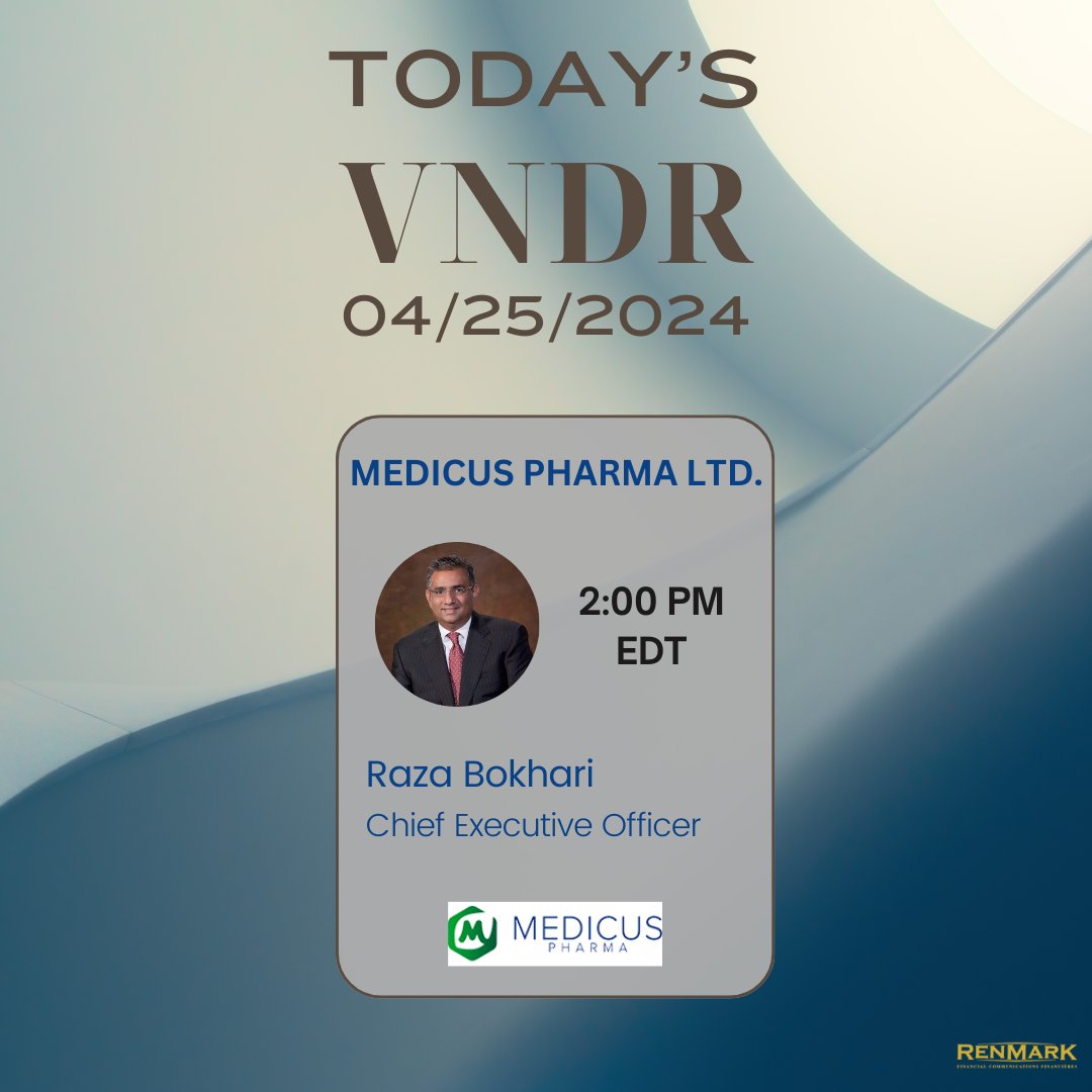 The stage is set, the spotlight is on! Tune in live today for Medicus Pharma Ltd.'s Virtual Non-Deal Roadshow! #RenmarkVNDR Registration: MDCX: ow.ly/Q4Ra50Rl75V #MDCX #biotech #treatment #microneedle