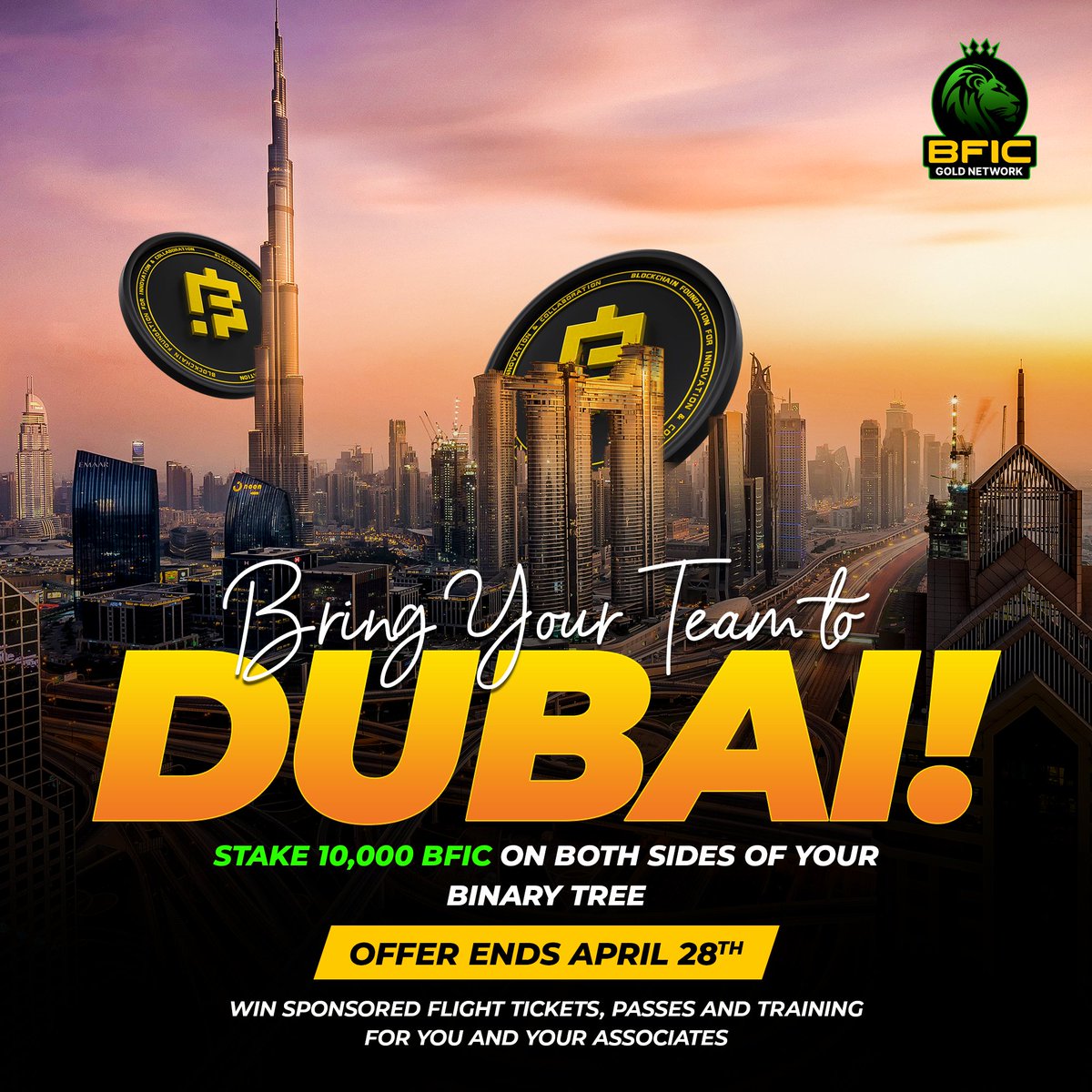 🚀 Ready for liftoff? Stake 10,000 BFIC on both sides of your binary tree and blast off to Dubai with your squad! 🌴 Hurry, the countdown to April 28th has begun. win sponsored flights, VIP access, and tailored training for you and your team! Dubai's calling – answer the call! .…