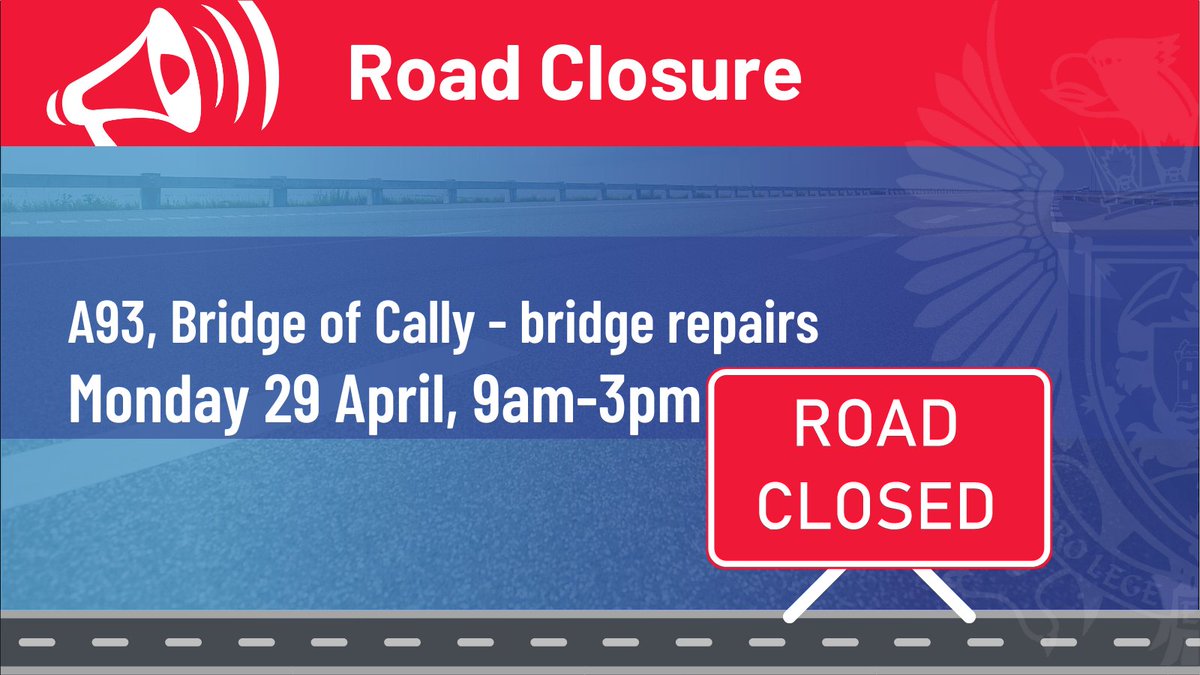 Reminder that the A93 will be closed at Bridge of Cally tomorrow only (Mon 29 Apr 2024) between 9am and 3pm, to allow essential bridge repairs to be carried out. Please follow diversion signs during the closure - official diversion route via A924, A9 trunk road, A984 & A93.