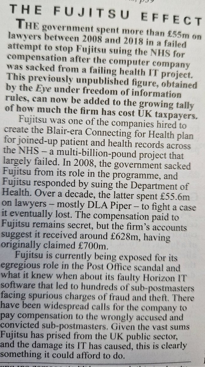 This from latest Private Eye about Fujitsu. Is there anything we can do to utterly remove this awful company from our shores forever? It's a greedy malevolent cancer. #PostOfficeInquiry #PostOfficeScandal