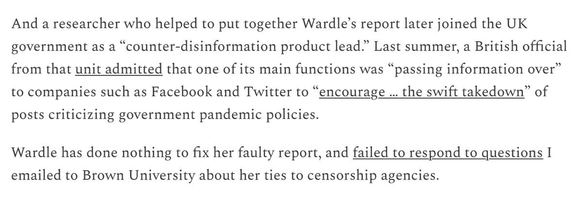 9) Two of Wardle's colleague then went to work for censorship groups: one to a PR firm that helped censor Australians. Another went to a UK agency that was caught last summer censoring Brits. Just call 'misinformation research' what it is: 'censorship research.'