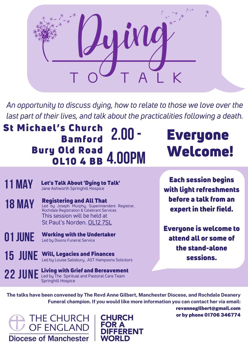 The next series of Dying to Talk begins next month, all are welcome to join us, for one session, a few or all. @DioManchester @BishMiddleton @RochdaleCouncil @RochdaleOnline @HWRochdale @CAS_rochdale @RochdaleTown @manchester_scp @SpringhillHosp #DyingMatters