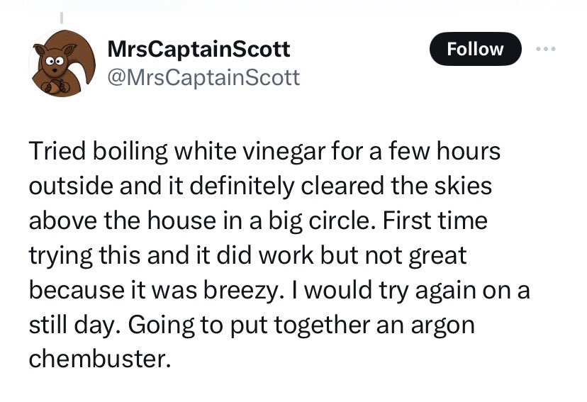 Mrs Scott tried boiling white vinegar outside to try and clear the chemtrails. “It definitely cleared the sky above my house in a big circle” 🥴