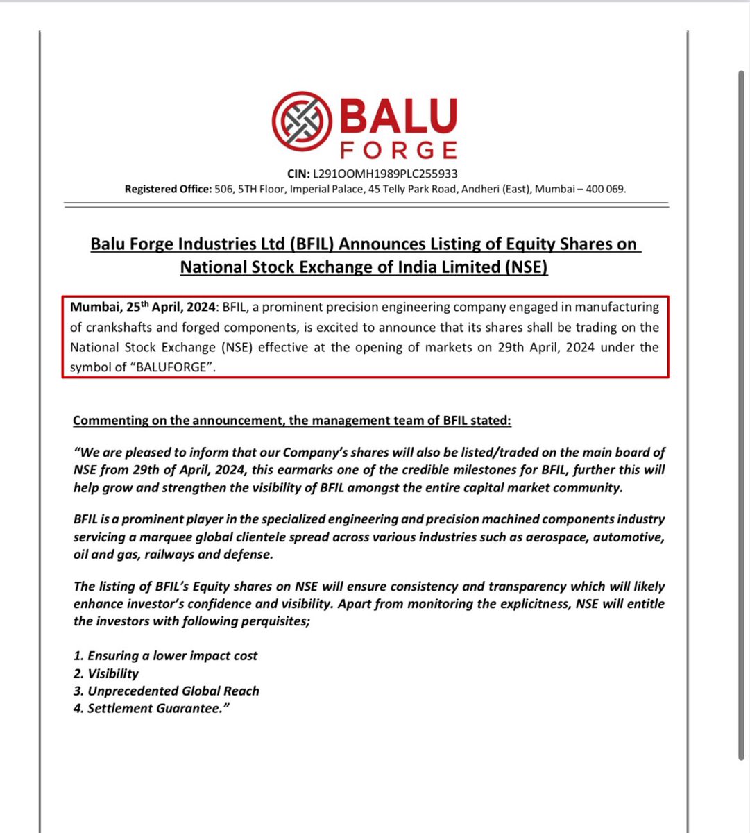 Balu forge on NSE 29th April 2024
