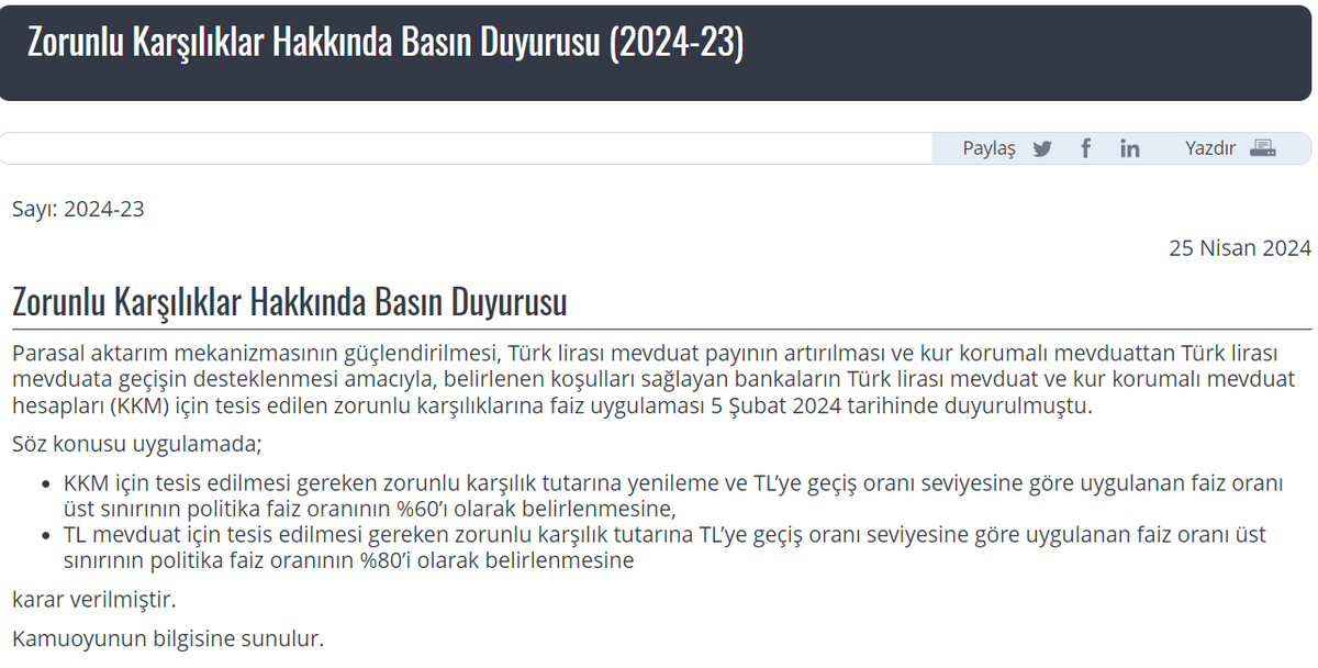 dpekonomikisler's tweet photo. #TCMB tarafından yapılan Basın Duyurusuna göre;
Kur Korumalı Mevduat #KKM için tutulan Zorunlu Karşılık #ZK'lara ödenebilecek #faiz tavanı %25'ten %30'a yükseltildi.
1-3 ay vadeli TL mevduat için tutulan zorunlu karşılıklara ödenebilecek faiz tavanı %36'dan %40'a yükseltildi. https://t.co/dRzZrwKpMN