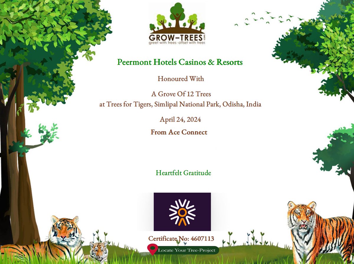 Peermont Honoured with 12 Trees for Tigers Peermont in conjunction with Ace Connect was honoured with 12 trees planted in their name as part of the Trees for Tigers initiative in Simlipal National Park in Odisha, India. Read more on our website: shorturl.at/ilsRS