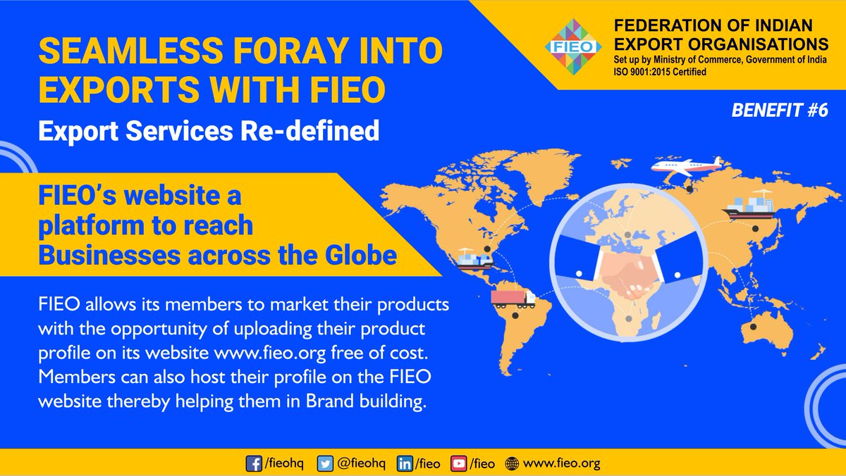 Why to become a FIEO Member❓
BENEFIT #6

👉FIEO's website a platform to reach Businesses across the Globe.

To find out more about FIEO membership, arrange a call with our membership team: bit.ly/3ARm3Rt

#ExportServicesRedefined