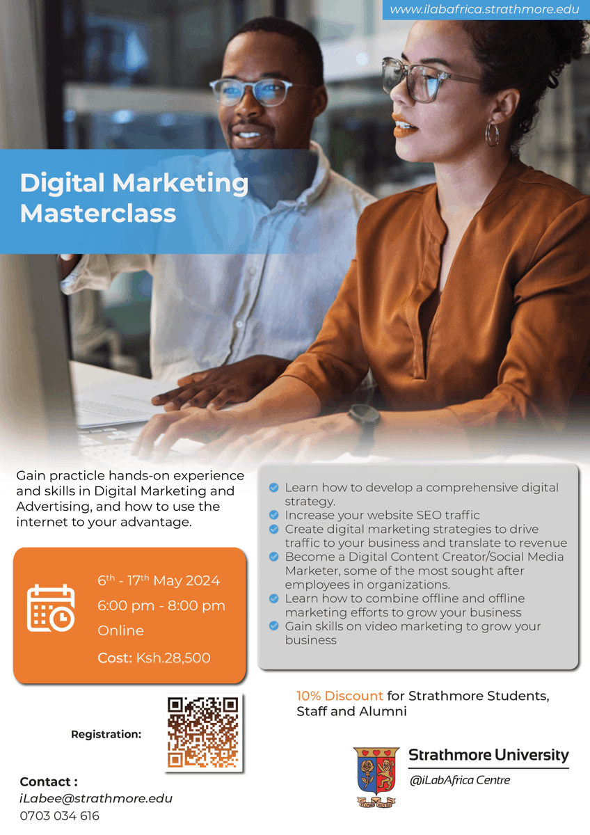 Elevate your brand with cutting-edge marketing skills from our comprehensive Digital Marketing Masterclass! Starting Date: 6th May Register Now: ilabafrica.strathmore.edu/digital-market… #SEO #Marketing #business
