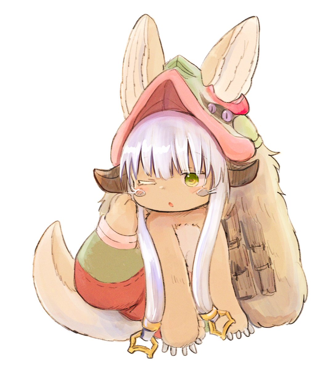 nanachi (made in abyss) solo blush open mouth simple background white background animal ears sitting  illustration images