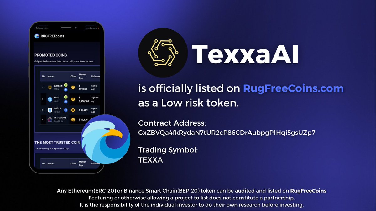' @TexxaAI ' has been reviewed and listed on RugFreeCoins as a low-risk token. rugfreecoins.com/coin-details/2… #rugfreecoins #scamfree #TexxaAI #SOL #Web3 #Solana #CryptoCommunity t.me/TexxaAI