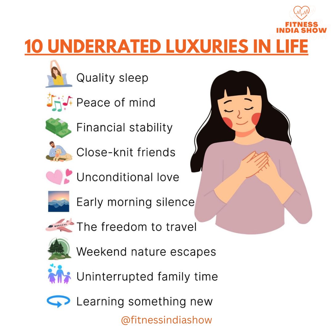 The most underrated & real luxuries of a peaceful life that we should be grateful for! ✨ Tag/Share with your friends & family! Follow @fitnessindiashow for more #luxuries #luxuriesinlife #luxury #littleluxuries #underrated #qualitysleep #peaceofmind #peaceful #peace #friends