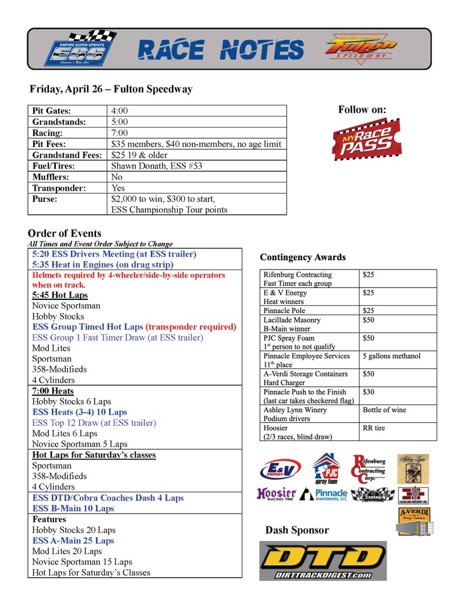 Order of events for Friday's race at Fulton Speedway.