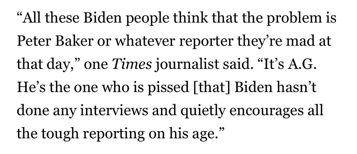 This is stunning. A NY Times journalist says the publication’s chairman AG Sulzberger encourages that the organization cover the President negatively and highlight his age out of retribution for the fact that Biden hasn’t granted the Times an interview. politico.com/news/magazine/…