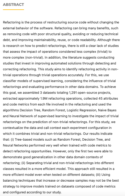 Check out our latest publication!  

"On the Effectiveness of Trivial Refactorings in Predicting Non-trivial Refactorings"  by @darwin_pin45520, <a href="/carlailane/">Carla Ilane Moreira</a>, <a href="/andersonguchoa/">Anderson Uchôa</a>.

Congratulations!  

See more👉 bit.ly/4aOhVBP