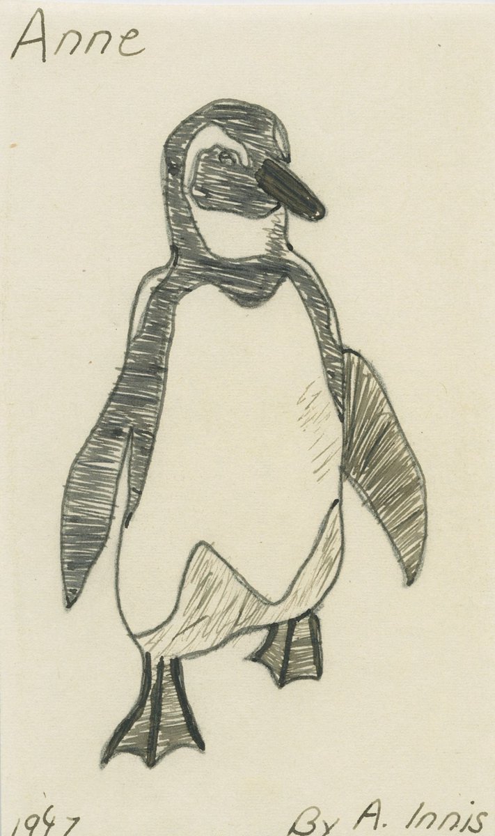 This World Penguin Day we are remembering Anne Innis Dagg, groundbreaking zoologist, feminist and environmentalist. This is a drawing she made of herself as a penguin. Taken from Anne Innis Dagg fonds (GA377-1-1_001) #TBT #UWSCA