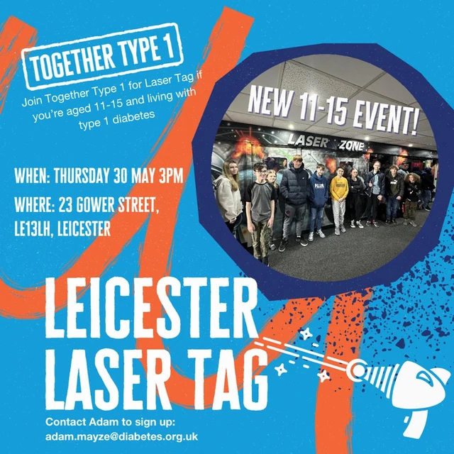 Diabetes UK Midlands & East of England (@diabetesukmidse) on Twitter photo Join us for Laser Tag in Leicester (if you are aged 11 to 15). Come along, meet new friends living with type 1 diabetes and have some fun! โ โ Contact Adam at adam.mayze@diabetes.org.uk to sign up Join us for Laser Tag in Leicester (if you are aged 11 to 15). Come along, meet new friends living with type 1 diabetes and have some fun! โ โ Contact Adam at adam.mayze@diabetes.org.uk to sign up