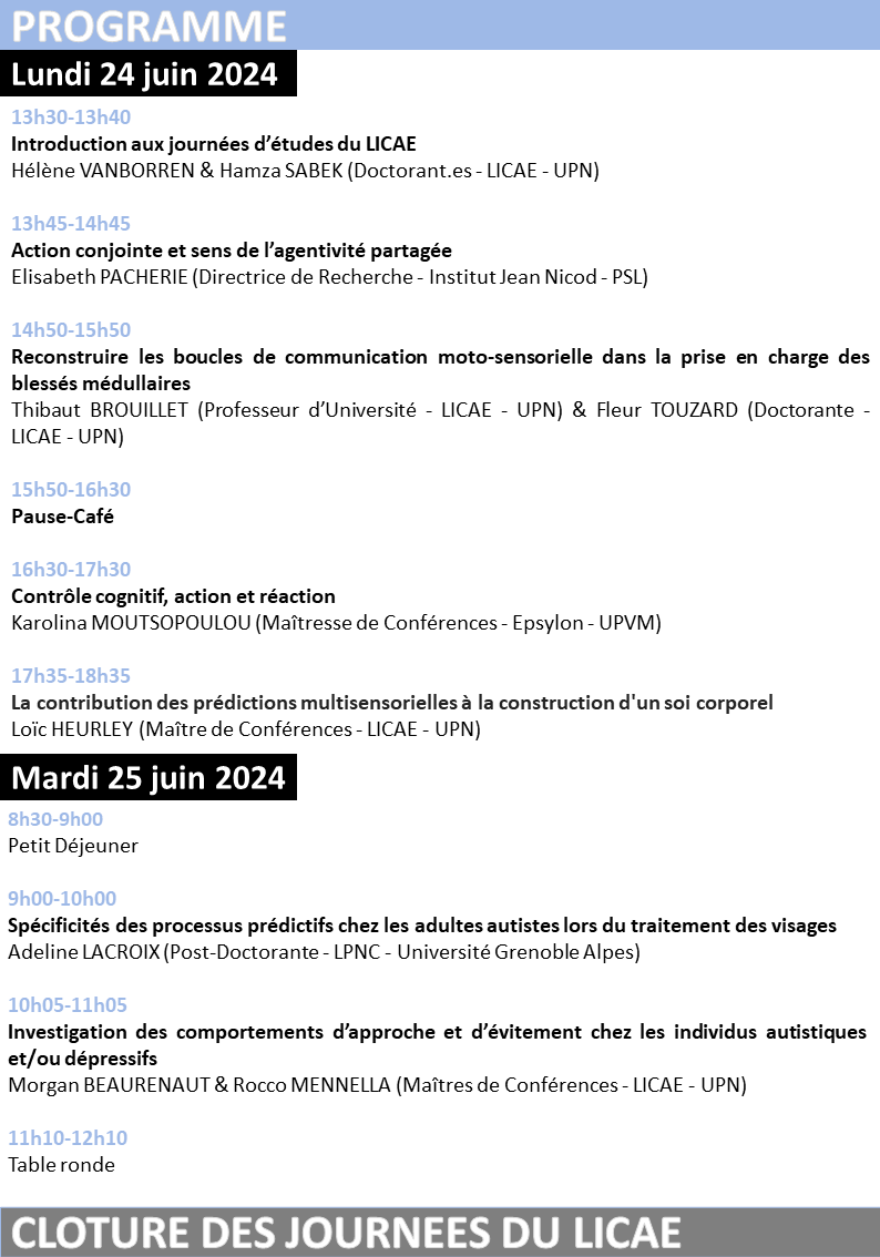 [🧠Workshop - 📅 24/25 Juin - 🏛️Paris Nanterre]

🗣 Le LICAE organise un workshop intitulé  "Cognition, Action, Prédiction". 

📝Il est ouvert à tou·t·es (gratuit avec inscription).

🛈 Toutes les infos sont décrites ici:
eventbrite.fr/e/billets-jour…

👥Au plaisir de vous accueillir!
