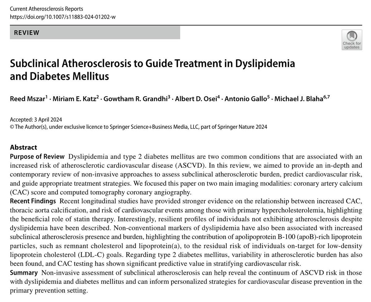 Our review on subclinical atherosclerosis imaging to risk stratify & guide treatment approaches in dyslipidemia & diabetes now in Current Atherosclerosis Reports | @miriamkatz_ @gowthyharsha @albertdansoosei @MichaelJBlaha & Dr. Antonio Gallo 🔗 link.springer.com/article/10.100…